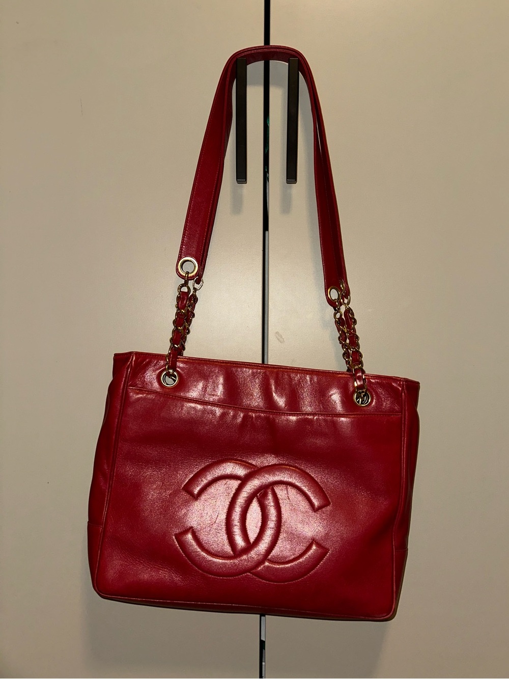 Chanel 90’s Red CC Lambskin Tote with Gold Chain-Detail Straps